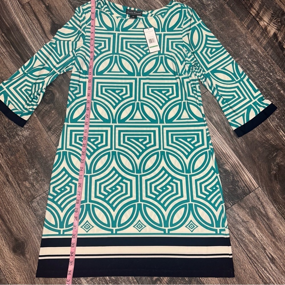 Jessica Howard Shift Geometric Patterned Dress Teal And Navy Women’s Large - Picture 3 of 6